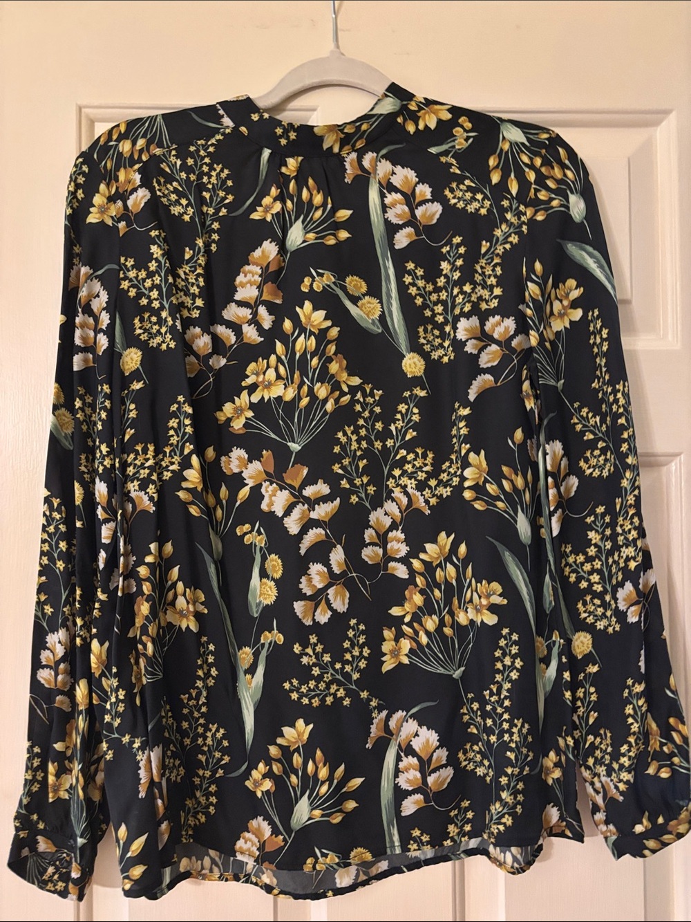 J. McLaughlin Black Floral Blouse with Yellow, Cream and Green Accents